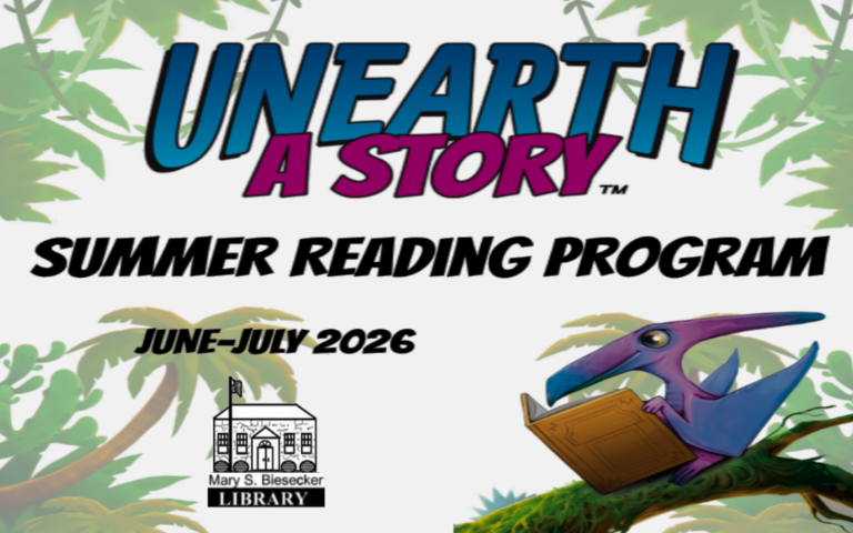 banner for summer reading "unearth a story summer reading program june-july 2026" left library logo right image of a pterodactyl reading a book