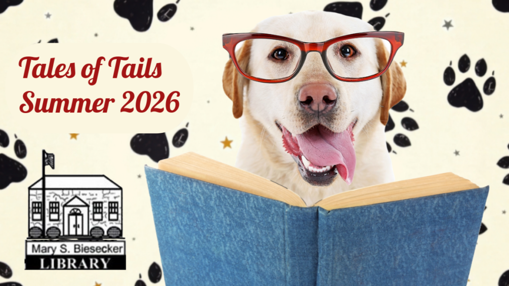 a dog with glasses holding a book - tales of tails text