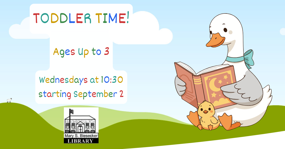 toddler time image with goose reading a story to a gosling in a green field